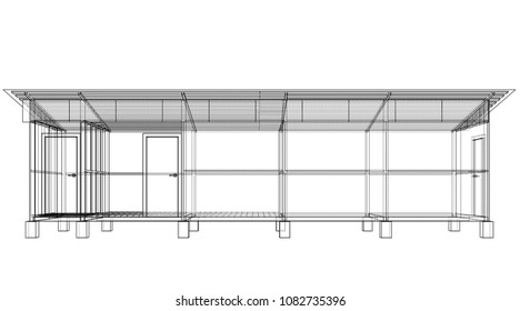 Household building project. Vector rendering of 3d. Wire-frame style. The layers of visible and invisible lines are separated