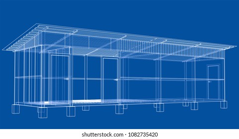 Household building project. Vector rendering of 3d. Wire-frame style. The layers of visible and invisible lines are separated