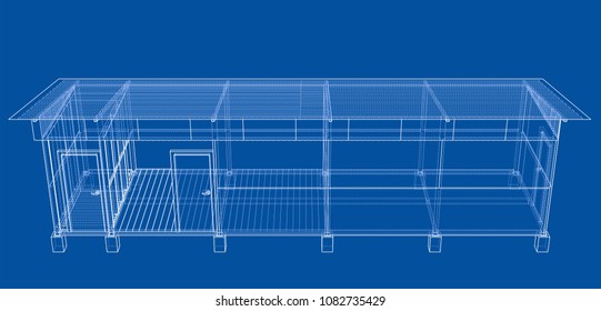 Household building project. Vector rendering of 3d. Wire-frame style. The layers of visible and invisible lines are separated