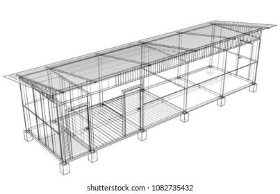 Household building project. Vector rendering of 3d. Wire-frame style. The layers of visible and invisible lines are separated