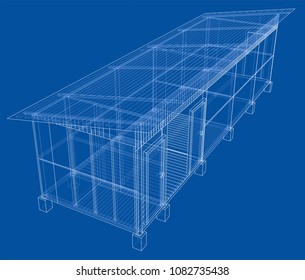 Household building project. Vector rendering of 3d. Wire-frame style. The layers of visible and invisible lines are separated