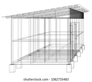 Household building project. Vector rendering of 3d. Wire-frame style. The layers of visible and invisible lines are separated