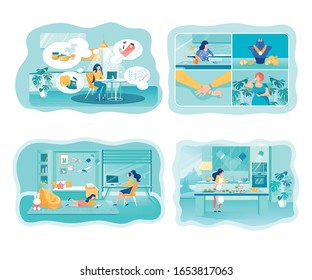 Household Businesses Flat Vector Illustrations Set. Young Mothers and Female Entrepreneurs Cartoon Characters. Handmade Bijouterie and Homemade Baking Sale. Moms Working Freelancers