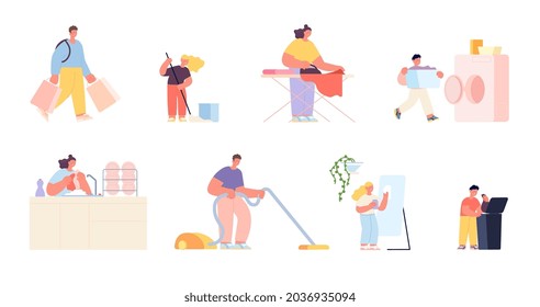 Household characters. Cleaning house, woman cleans dirty home. Family doing housework, adults and children with mop and bucket utter vector set