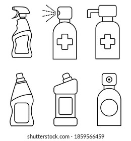 Household chemical bottles. Liquid detergent or soap, stain remover, laundry bleach, bathroom or toilet cleaner. Sanitizer spray. Disinfectant Container with pump dispenser. Hand sanitizer containers