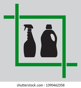 Household chemical bottles sign. Black icon inside green crop tool at light gray background