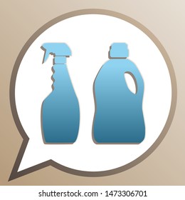 Household chemical bottles sign. Bright cerulean icon in white speech balloon at pale taupe background. Illustration.
