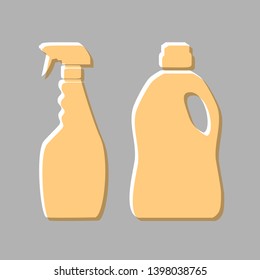 Household chemical bottles sign. Emboss effect with light orange icon on gray background.