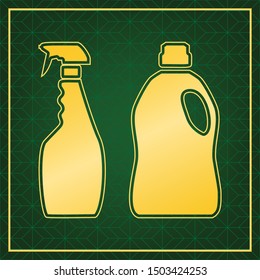 Household chemical bottles sign. Golden icon with gold contour at dark green gridded background. Illustration.