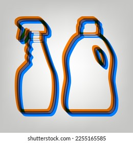 Señal de botellas químicas domésticas. Icono marcado en colores naranja, azul y lavanda antigua en fondo gris. Ilustración.