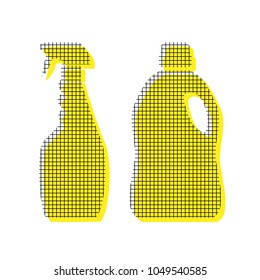 Household chemical bottles sign. Vector. Yellow icon with square pattern duplicate at white background. Isolated.