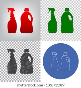 Household chemical bottles sign. Vector. 4 styles. Red gradient in radial lighted background, green flat and gray scribble icons on transparent and linear one in blue circle.
