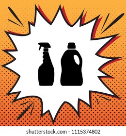 Household chemical bottles sign. Vector. Comics style icon on pop-art background.