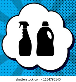 Household chemical bottles sign. Vector. Black icon in bubble on blue pop-art background with rays.