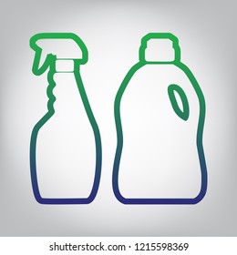 Household chemical bottles sign. Vector. Green to blue gradient contour icon at grayish background with light in center.