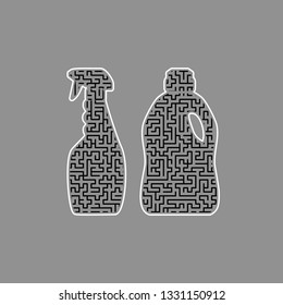 Household chemical bottles sign. Vector. Black maze filled icon with white border at gray background.