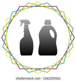 Household chemical bottles sign. Vector. Black icon with patch of light inside colorful hexagonal frames at white background.