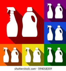 Household chemical bottles sign. Vector. Set of icons with flat shadows at red, orange, yellow, green, blue and violet background.