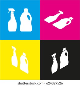 Household chemical bottles sign. Vector. White icon with isometric projections on cyan, magenta, yellow and black backgrounds.