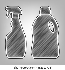 Household chemical bottles sign. Vector. Pencil sketch imitation. Dark gray scribble icon with dark gray outer contour at gray background.