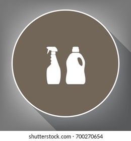 Household chemical bottles sign. Vector. White icon on brown circle with white contour and long shadow at gray background. Like top view on postament.