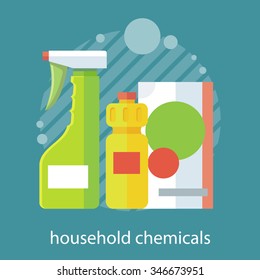 Household chemical flat design. Household appliances, household items, domestic and bottle, equipment clean, housework and housekeeping, soap and detergent illustration banner