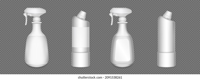 Botellas de productos químicos para el hogar, detergente, inodoro o embalaje de limpieza de vidrio 3d vectorial mockup. Paquetes de plástico en blanco realistas, tubos blancos con quitador de manchas líquidas, aislador antibacteriano aislado