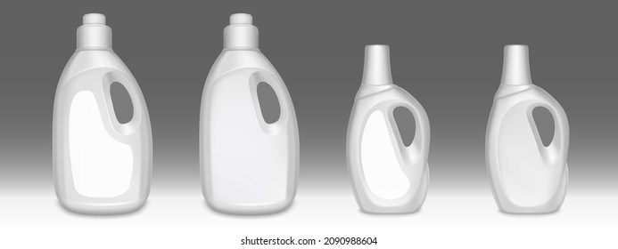 Household chemicals bottles, detergent tubes with handles mockup. Isolated white blank plastic cleaning package. Liquid soap, stain remover, laundry bleach or cleaner template, Realistic 3d vector set