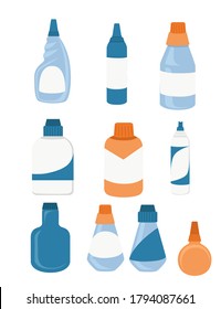 Household chemicals bottles pack cleaning supplies with empty with blank label flat vector illustration isolated on white background