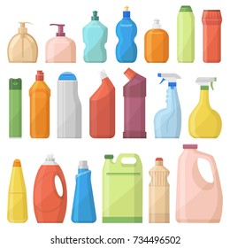 Household chemicals bottles pack cleaning housework liquid domestic fluid cleaner template vector illustration.