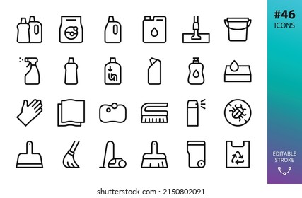Household chemicals and Cleaning isolated icons set. Set of liquid detergent, washing powder, fabric softener, plastic pail, flat mop, household gloves, garbage container, trash bags vector icons