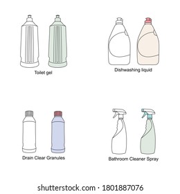 Household chemicals. Cleaning products. Icons set. Vector illustration.
