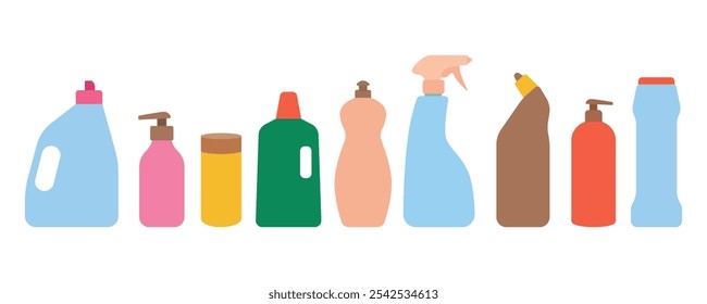 Household chemicals, cleaning products set. Various plastic bottles and jars with a dispenser or sprayer. Flat vector illustration in clip art style for background or banner