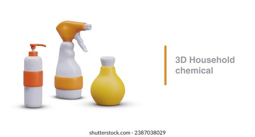 Household chemicals. Composition of 3D pump bottle, spray, corked jar. Vector mockups on white background. Place for text, brand, price. Professional cleaning of bathroom, toilet, kitchen