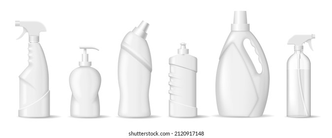 Household Chemicals Containers And Chemical Plastic Bottles Blank 3d Packages Set. Toilet Or Bath Cleanser, Soap Dispenser, Liquid Detergent, Washing Gel. Realistic Vector Illustration