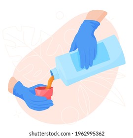 Household chemicals in hand, cleaning surfaces from dirt, wiping stains. Vector illustration on a white background