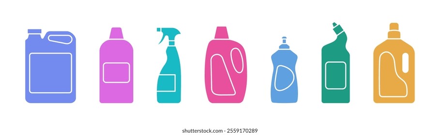 Household chemicals icons set. Bottles of cleaning products symbol. Flat style vector.