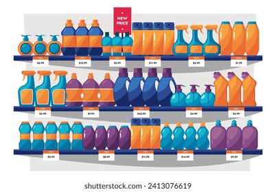 Household chemicals shelves. Store of chemical cleaning products, hygiene and domestic concept with bottle powder gel. Vector supermarket illustration of store shop household