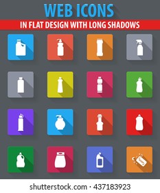 Household chemicals web icons in flat design with long shadows