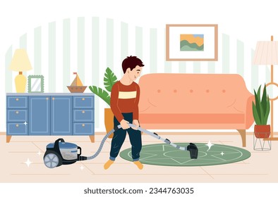 Household children helping flat background with living room interior scenery and teenage boy with vacuum cleaner vector illustration