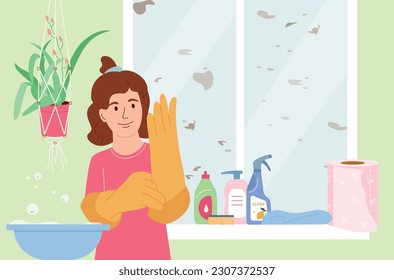 Niños domésticos ayudando a la composición plana con el paisaje interior y el carácter de garabato de la niña con detergentes de limpieza ilustraciones vectoriales