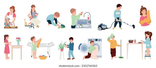 Household children helping flat set of icons with characters of teenage girls and boys doing housework vector illustration