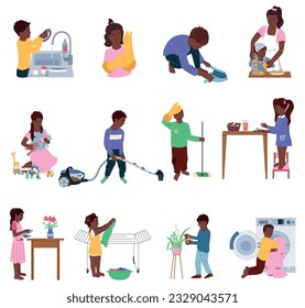 Household children set of isolated compositions with african american children characters performing various kinds of housework vector illustration