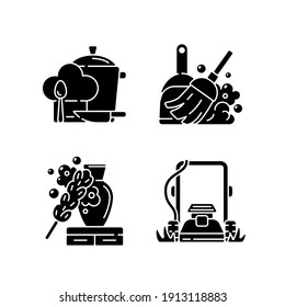 Household chores black glyph icons set on white space. Cooking dinner, floor sweeping, dusting and lawn mowing silhouette symbols. Different housekeeping duties. Vector isolated illustrations