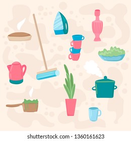 Household chores, cleaning and cooking, a set of vector icons, dishes with food, iron and mop, kitchen symbol and lifestyle. Vector illustration