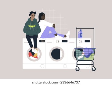 Household chores concept, a couple of young characters waiting for their laundry in a coin laundromat