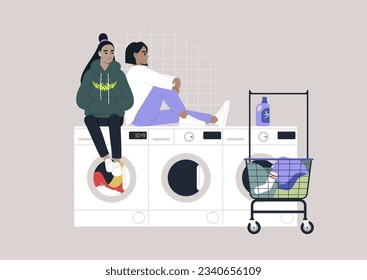 Household chores concept, a couple of young characters waiting for their laundry in a coin laundromat