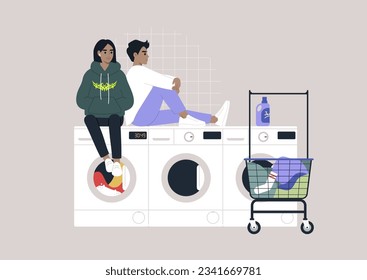 Household chores concept, a couple of young characters waiting for their laundry in a coin laundromat