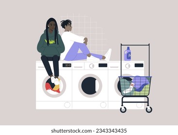 Household chores concept, a couple of young characters waiting for their laundry in a coin laundromat