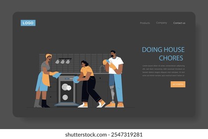 Household chores concept. A family engaged in teamwork, tidying up the kitchen together. Modern home routine activities. Vector illustration.